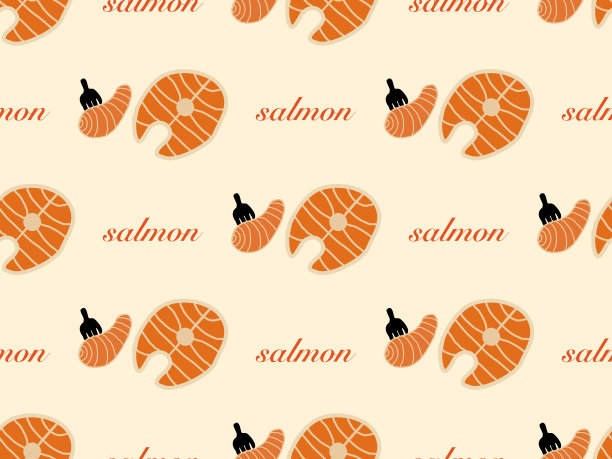 无缝的卡通鲑鱼人物橙色背景。图片下载