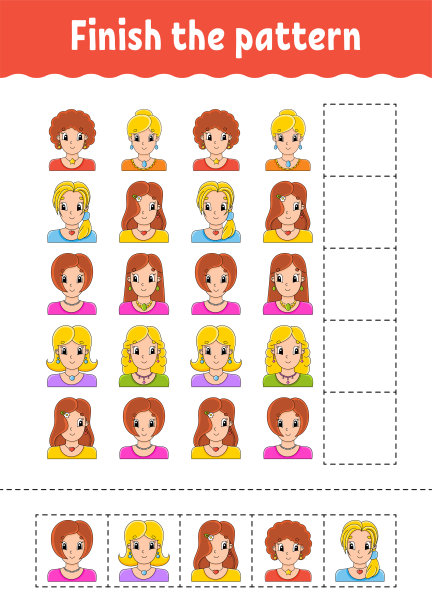 完成模式。剪切和玩。教育发展工作表。活动页面。卡通人物。矢量插图。图片下载