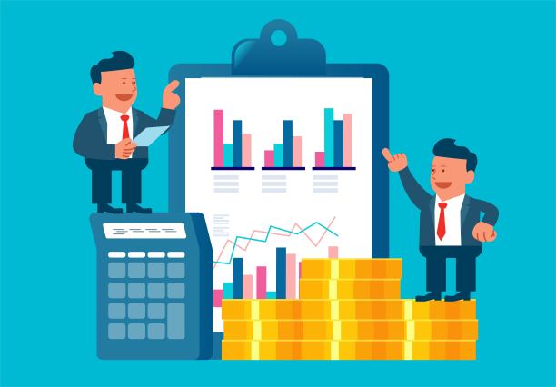 财务管理和收入统计，两个卡通商人在计算器和数据报告旁边计算和分析。图片下载