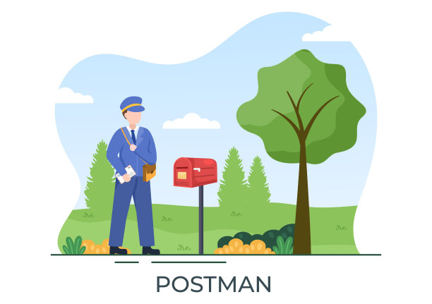 邮递员卡通矢量插图，穿着制服，背着一个背包，里面装着要发送的信件或把信封放进邮政信箱图片下载