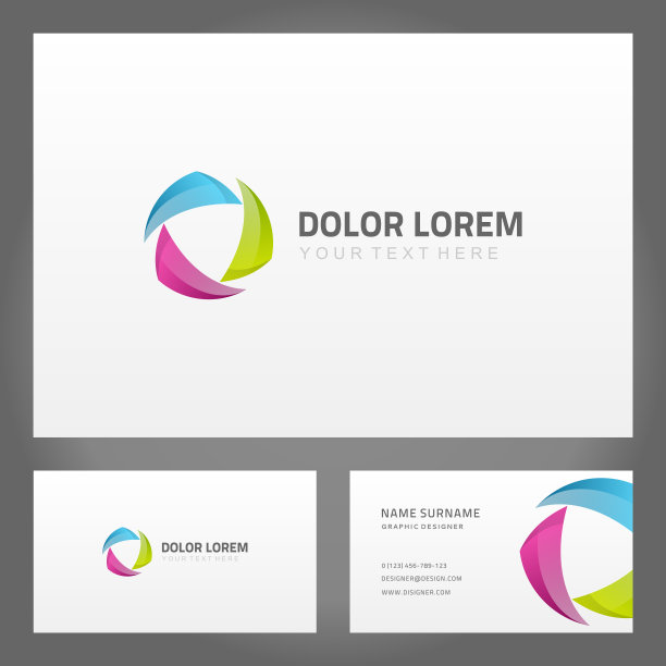 业务抽象卡标识由旋涡形状矢量模板。红色几何三角形与蓝色花瓣和绿色明亮的梯度。图片下载