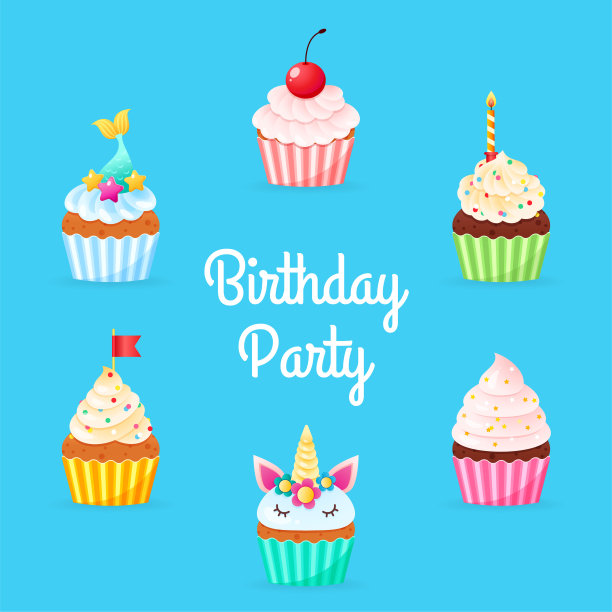 生日派对邀请模板与卡通纸杯蛋糕图片下载