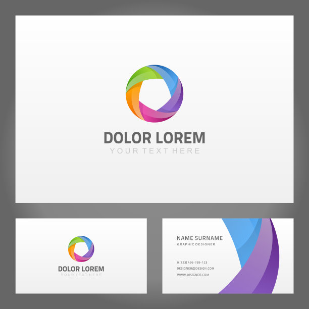 名片抽象标志扭环矢量横幅。紫色条纹与几何圆形广告绿色花瓣。图片下载