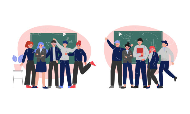 十几岁的学生站在教室的黑板前设置矢量插图图片下载