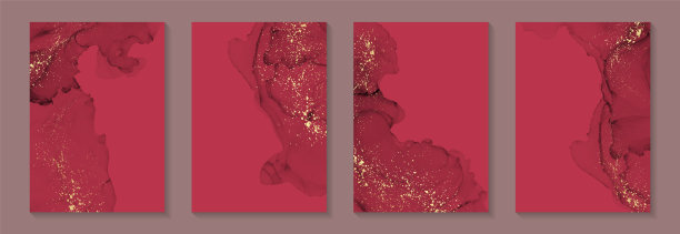 水彩背景与抽象的红色墨波和金色飞溅。图片下载