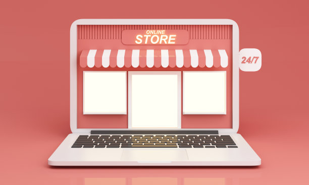 市场在线插图，3d风格的互联网多供应商的笔记本电脑上的商店与多供应商的商店在粉红色的色调和开放的24小时。3 d渲染图图片下载