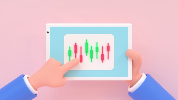 卡通人物手握数码平板电脑与股票行情图。图片下载