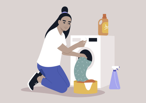 一个年轻的亚洲女性角色正在往洗衣机里装一堆要洗的衣服和家务图片下载