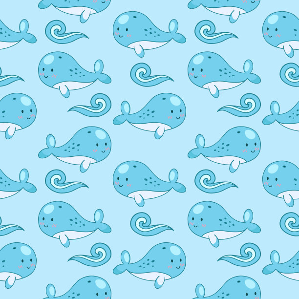 矢量插图与海洋动植物。鲸鱼和抹香鲸海浪的无缝图案图片下载