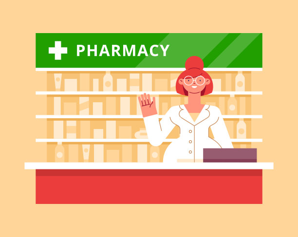 一个年轻的药剂师微笑着站在药店柜台后面，友好地挥了挥手。药房,药店的概念。药剂师，工作中的药剂师。现代向量插图。图片下载