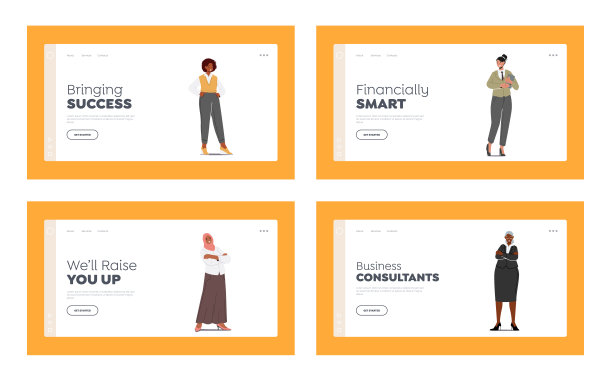 商业女性着陆页模板集。各种各样的女性角色站成一排。自信的女孩穿正式的衣服图片下载