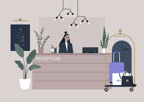 用绘画、灯光和植物装饰的酒店前台，旁边坐着一辆行李车图片下载