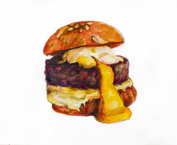 多汁的汉堡桌，圣保罗牛排，松露和荷包蛋，水彩插图孤立在白色背景，素描图片下载
