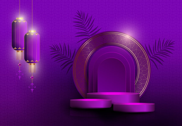 紫罗兰色调插图与金圆框场景，挂灯笼图片下载