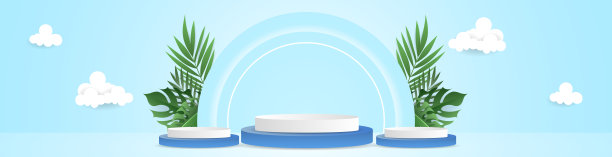 旗帜产品展示白色和蓝色的讲台和植物叶子和热带与蓝色背景的云清新的头脑，插图3d矢量EPS 10图片下载