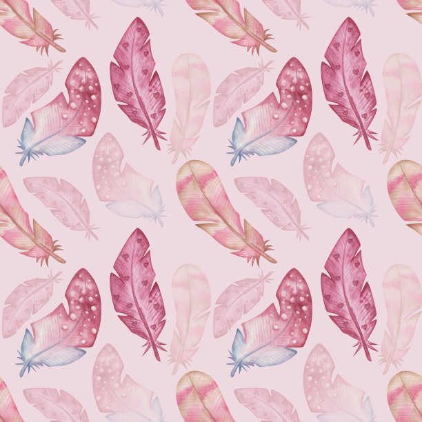 水彩无缝图案从手绘的粉红色，蓝色，棕色野生鸟类的羽毛插图。以粉色为背景打印图片下载