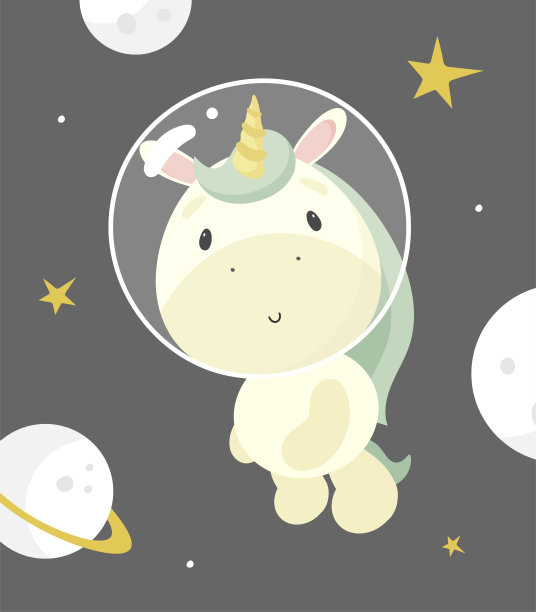 太空中的神奇独角兽。卡通风格。矢量插图。儿童用品，卡片，海报，横幅，儿童书籍，印刷在包装上，印刷在衣服，织物，墙纸，纺织品或盘子。图片下载