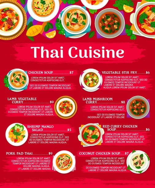 泰国美食餐厅的饭菜和菜肴菜单图片下载