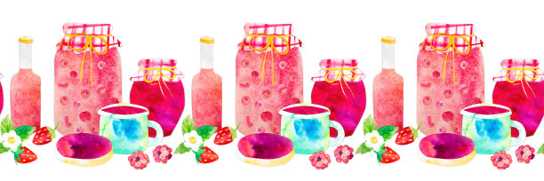 手绘水彩夏季浆果和自制产品无缝装饰线边框。果冻罐，蔓越莓炖果盘，三明治与果酱，一杯果汁或茶，和水果饮料的瓶子。图片下载