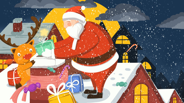 手绘屋顶圣诞老人背景图片下载