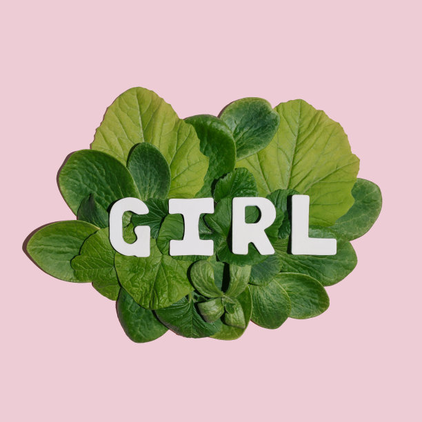 美性展示理念，自然花卉理念。柔和的粉红色背景，新鲜的绿叶和字女孩。最小的视觉平铺构图。图片下载