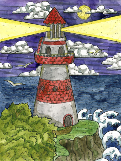 色彩斑斓的海洋幻想插画，悬崖岩石上的灯塔塔与树木和海浪。航海复古画，水彩画图片下载