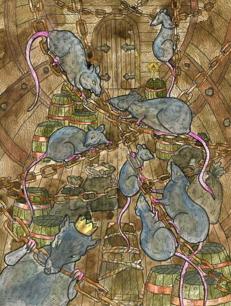 多彩的海洋幻想插图的可怕的老鼠在船的船舱在cagro袋子，箱子和绳子。航海复古画，水彩画图片下载