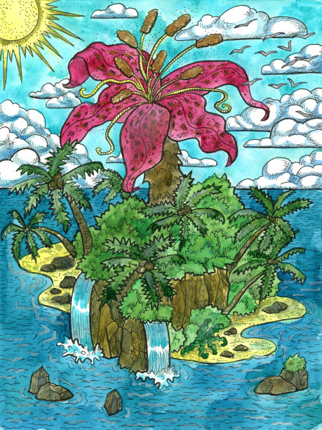 彩色海洋幻想插图与未知的岛屿，棕榈树和百合花作为树。航海复古画，水彩画图片下载