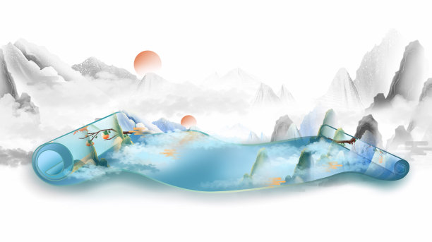 原创手绘元素山水卷轴画图片下载