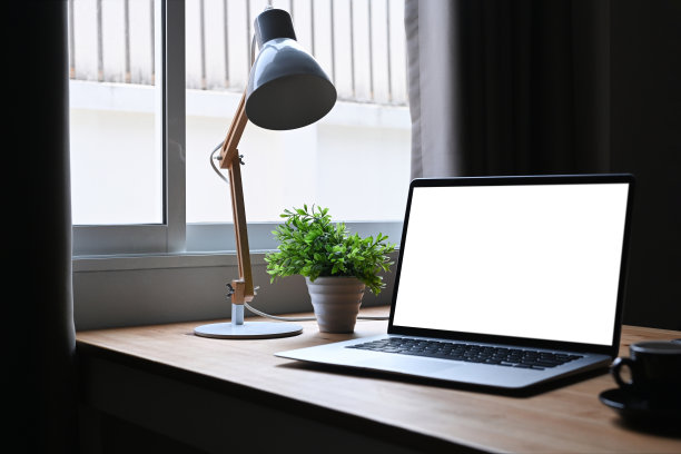 模拟电脑笔记本电脑与白色显示器，盆栽植物和供应装饰木桌。图片下载