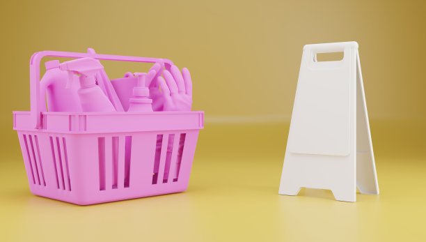 在黄色的背景上搭配粉红色的清洁产品。3 d渲染。图片下载