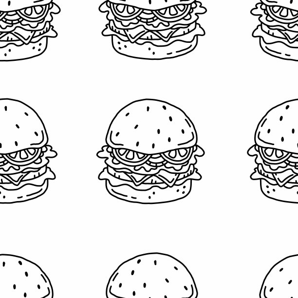 黑白简单的无缝图案与汉堡涂鸦风格。说明背景。图片下载