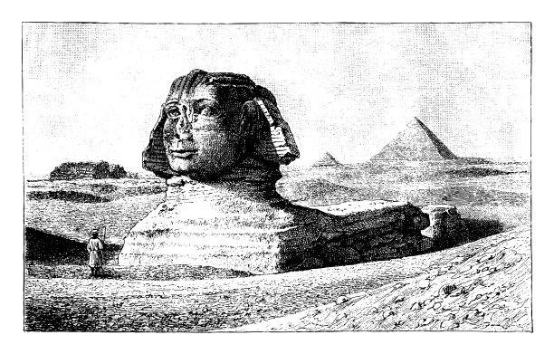 开罗吉萨金字塔和狮身人面像复古雕刻插图图片下载