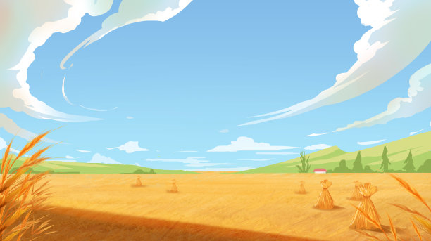 卡通手绘秋季麦田蓝天背景图图片下载