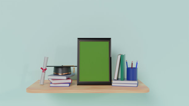 模型相框毕业祝贺与书籍和礼服，3D渲染插图图片下载