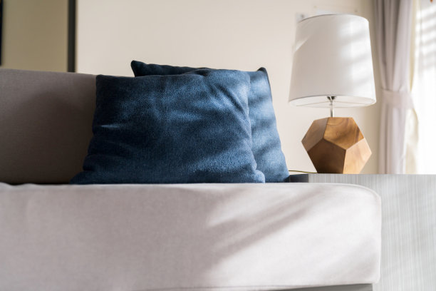 将色彩丰富的软枕、靠垫排列在自然材质的餐椅上，以模糊的庭院区域为背景进行室内设计概念图片下载