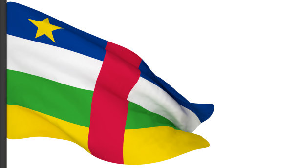 国旗背景图片，随风飘扬的国旗，3d渲染，中非共和国国旗图片下载