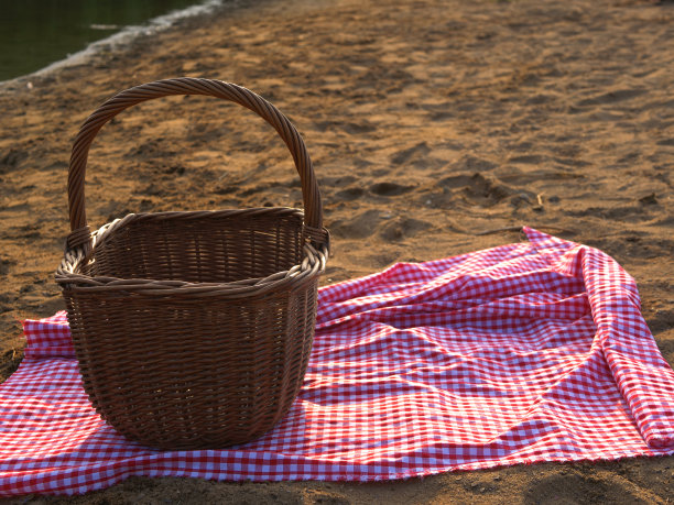 野餐篮和红色格子布湖边图片下载