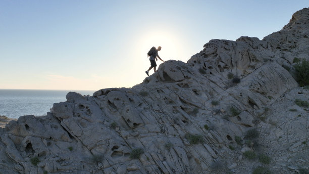 鸟瞰图，徒步旅行者爬上海岸的悬崖图片下载