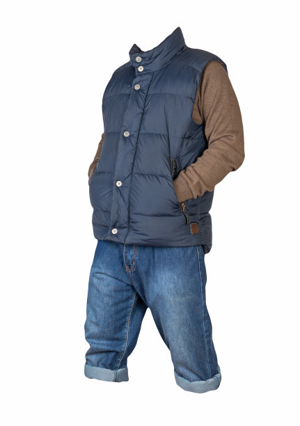 深蓝色牛仔短裤，针织毛衣，无袖深蓝色夹克，白色背景图片下载