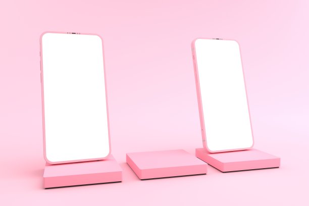 3D渲染的智能手机白色屏幕上的粉红色方块底座，手机模型倾斜到地面上。基座可用于商业广告，孤立在最小的粉红色背景。图片下载