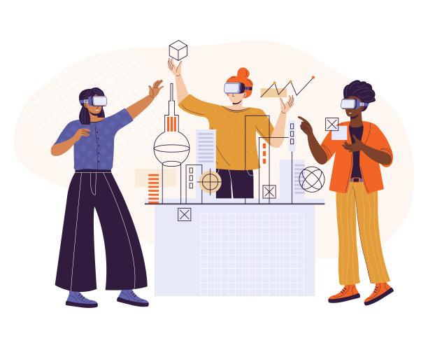 打破偏见。不同种族的女性在VR头盔中体验虚拟现实模拟。职业女性工程师在虚拟现实中设计房子。女性的工作。矢量插图。图片下载