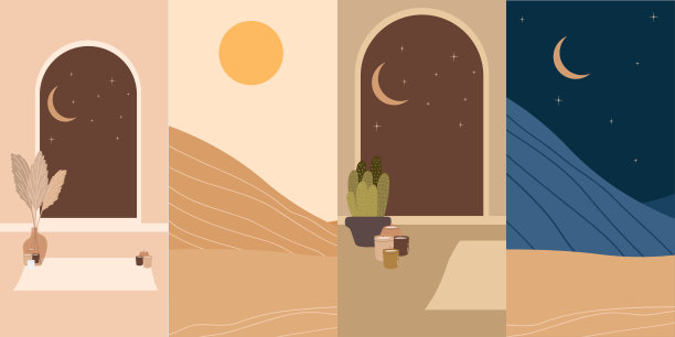 抽象的现代审美景观，集日出、日落、夜景于一体。大地色调，柔和的色调。波西米亚风格的墙壁装饰。现代极简艺术版画图片下载