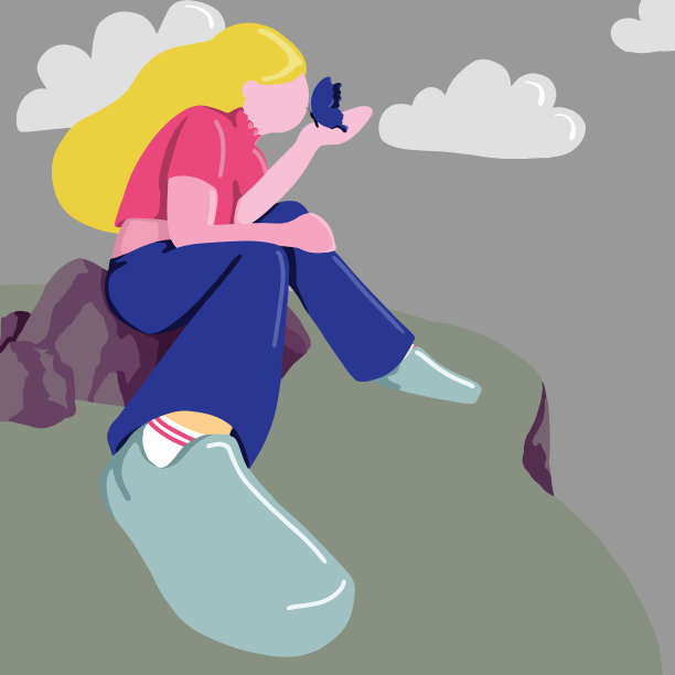 插图一个女孩坐在自然与蝴蝶图片下载