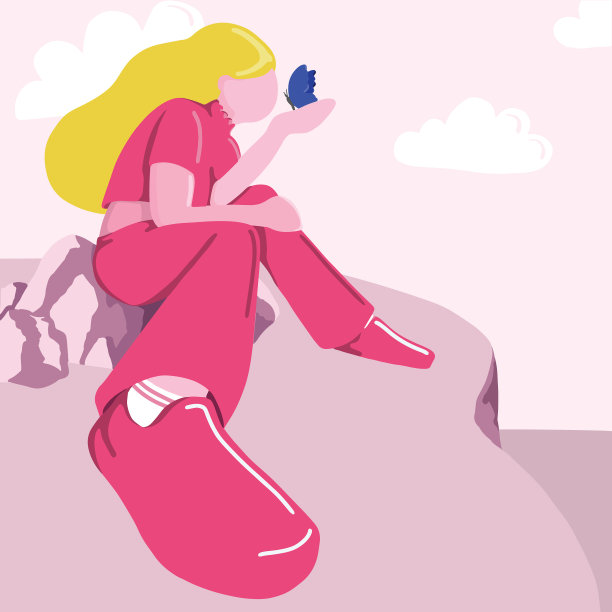 插图一个女孩坐在自然与蝴蝶图片下载