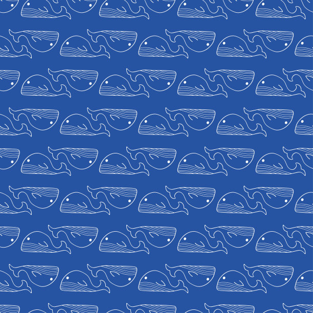 可爱的无缝图案与涂鸦鲸鱼在流行的蓝色。图片下载