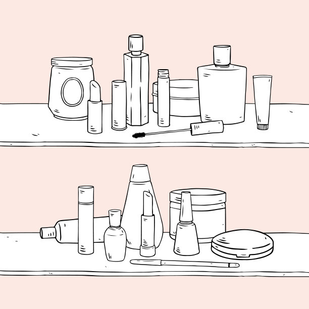 化妆化妆品手绘矢量插图口红，胭脂，粉饼，粉底，霜，乳液，指甲油，香水，眼妆，睫毛膏，眼线，眉笔在架子上图片下载