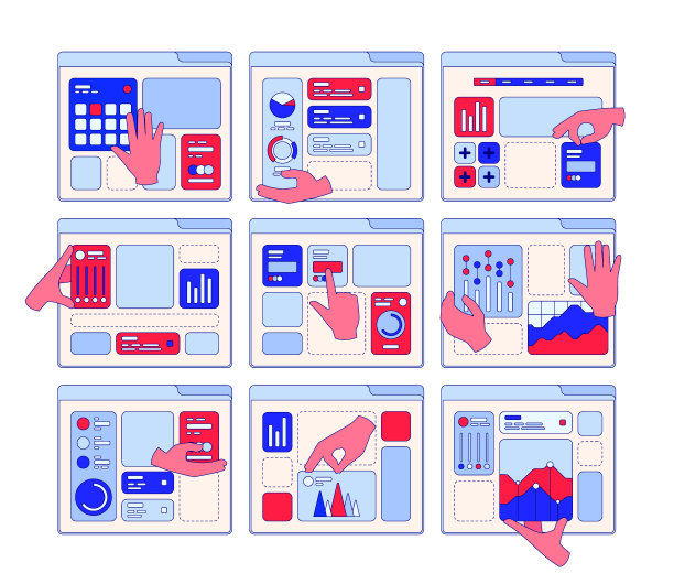 建立接口。手握不同的ui几何元素应用构建花哨的矢量网页设计概念图片下载