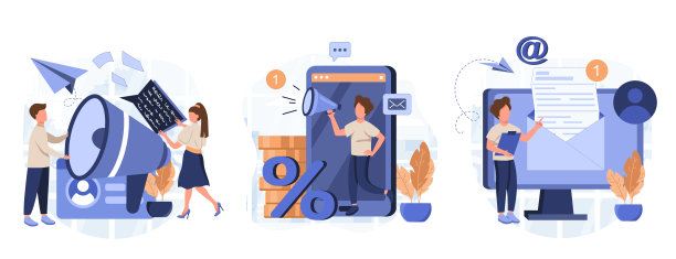 社交媒体推广场景。角色使用大喇叭与观众交流，发送广告邮件，提供销售和折扣。平面卡通矢量插图和图标集。图片下载