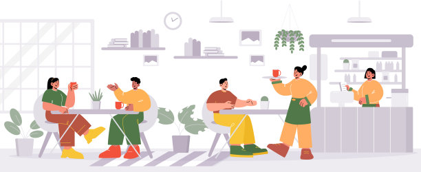 有客人和服务员的咖啡厅或餐厅图片下载